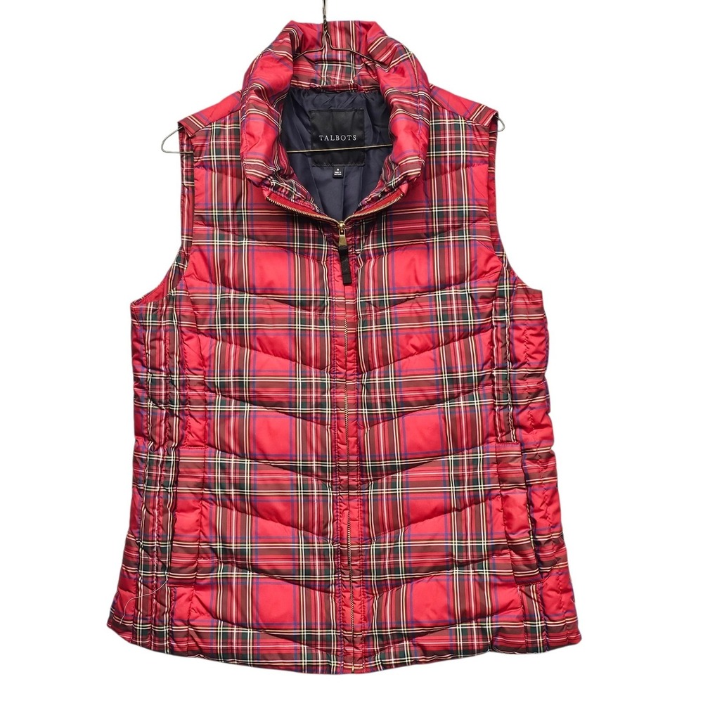 Talbots Down Puffer Vest Womens Medium Tartan Red Plaid Full Zip Quilted